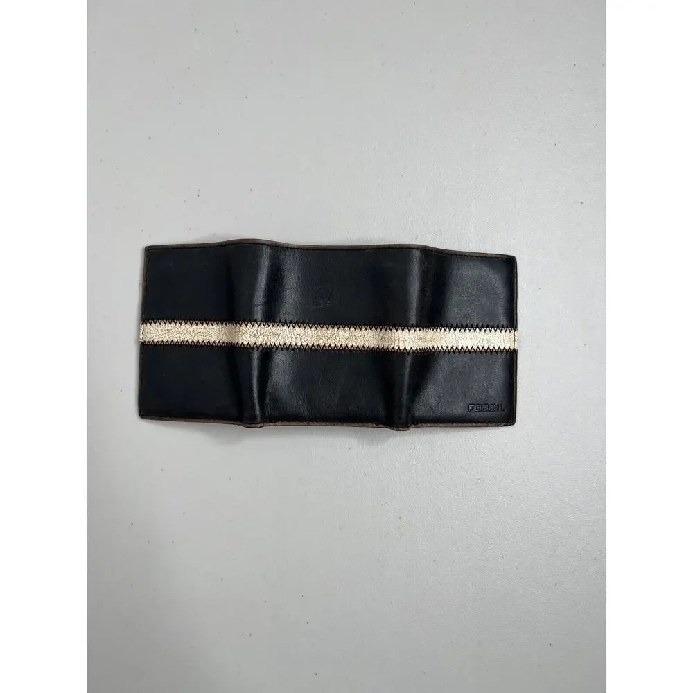 Fossil Trifold Brown Leather Stripe Mens Wallet Small